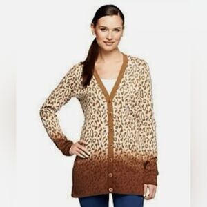 Isaac Mizrahi Live Leopard Dip-Dye Cardigan Size S Animal Print Knit Chrstnut